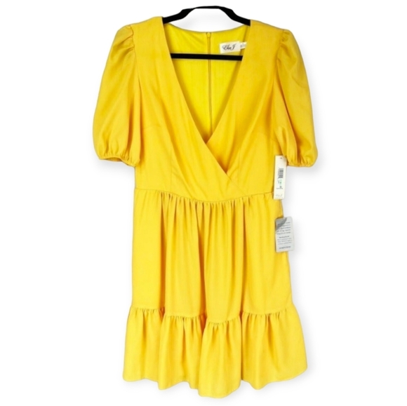 Eliza J Surplice V neck Puff Sleeve Yellow Dress - Picture 1 of 6